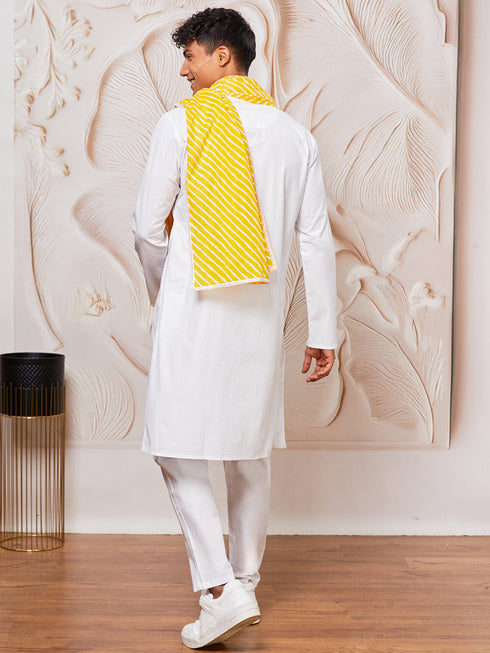 Men's White Cotton Kurta,Pyjama And Dupatta Set